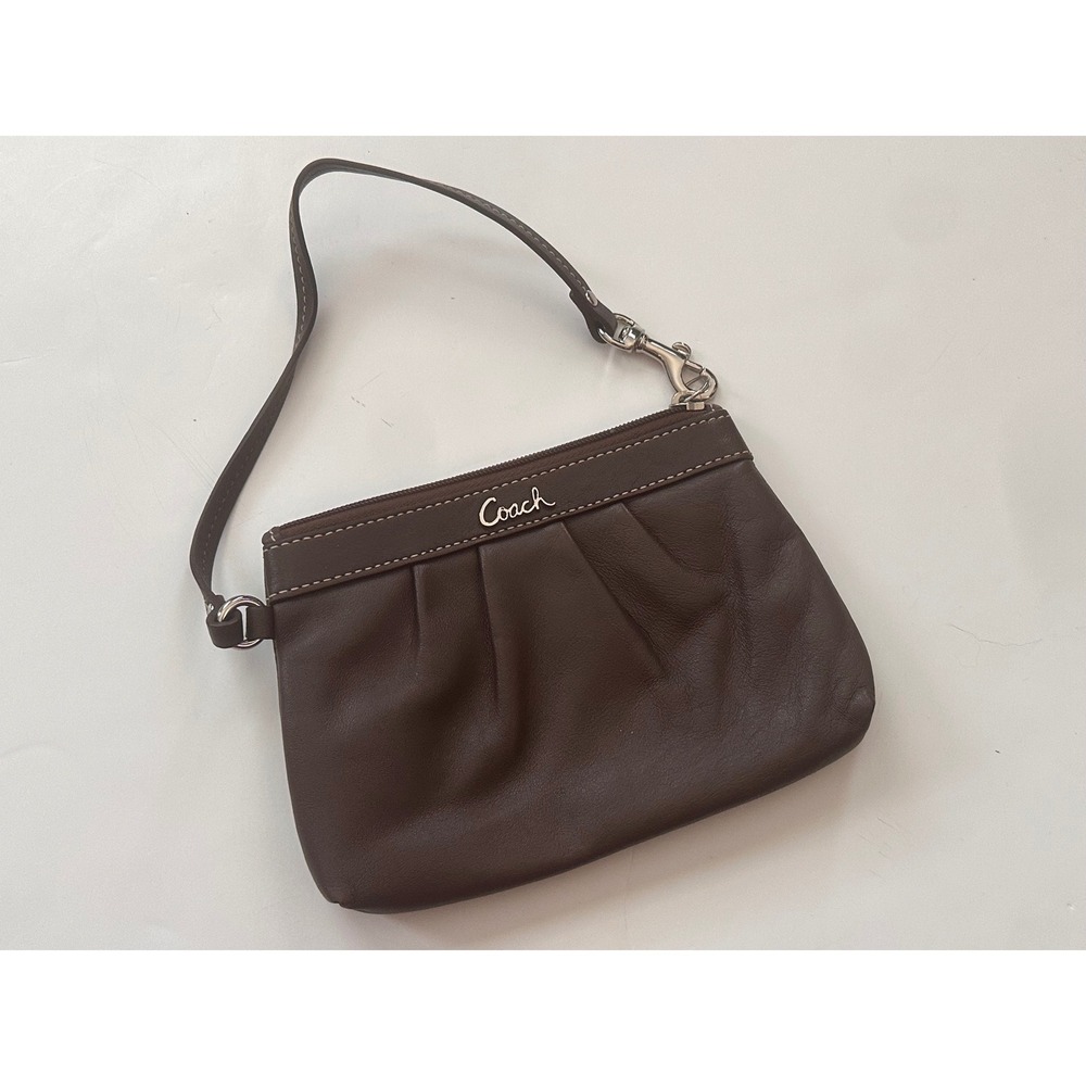 Coach Dark Brown Pleated Leather Wristlet Bag Silver Script Logo Lavender Lining